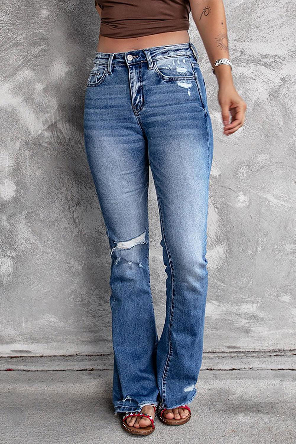 Dark Blue Ripped Raw Hem High Waist Flare Jeans - Vesteeto