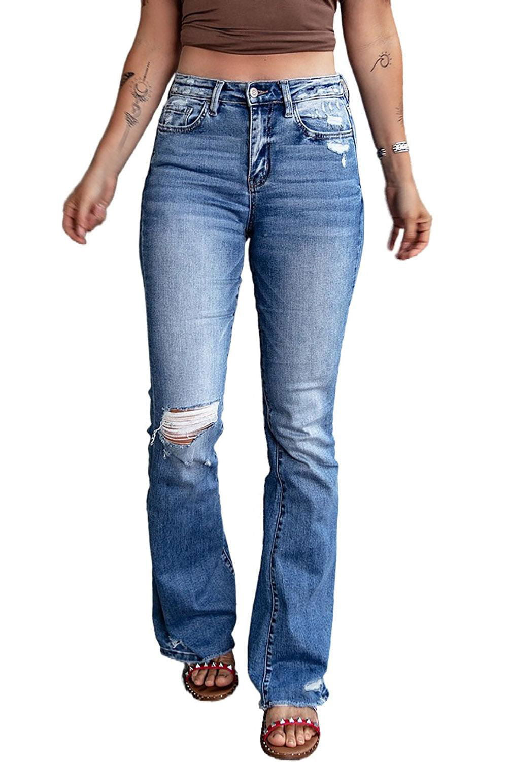 Dark Blue Ripped Raw Hem High Waist Flare Jeans - Vesteeto