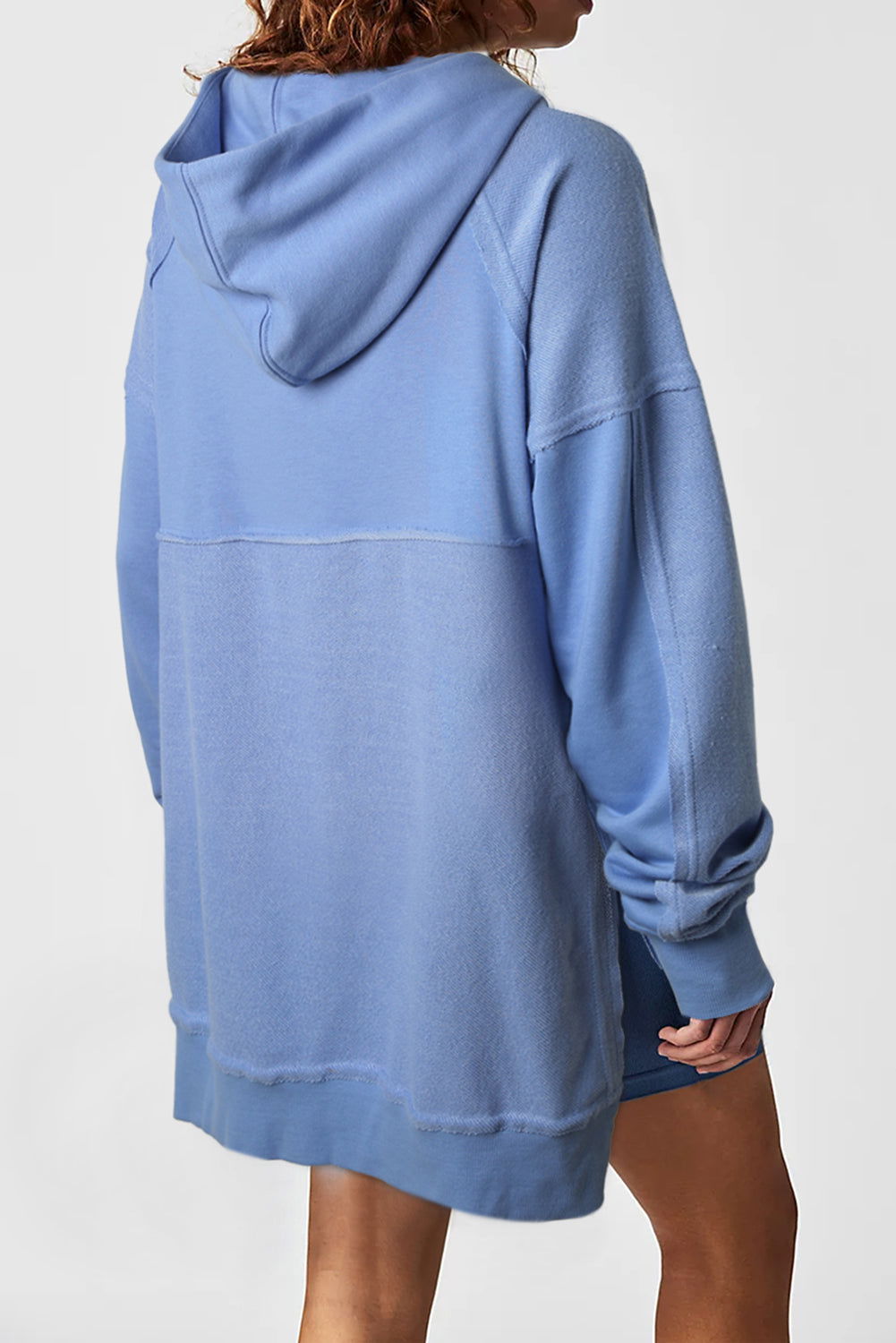 Dark Blue Washed Kangaroo Pocket Side Slits Hoodie - Vesteeto