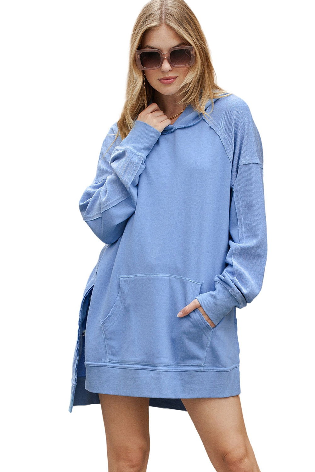 Dark Blue Washed Kangaroo Pocket Side Slits Hoodie - Vesteeto