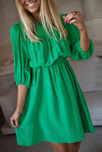 Dark Green Solid Color Round Neck Puff Sleeve Mini Dress - Vesteeto