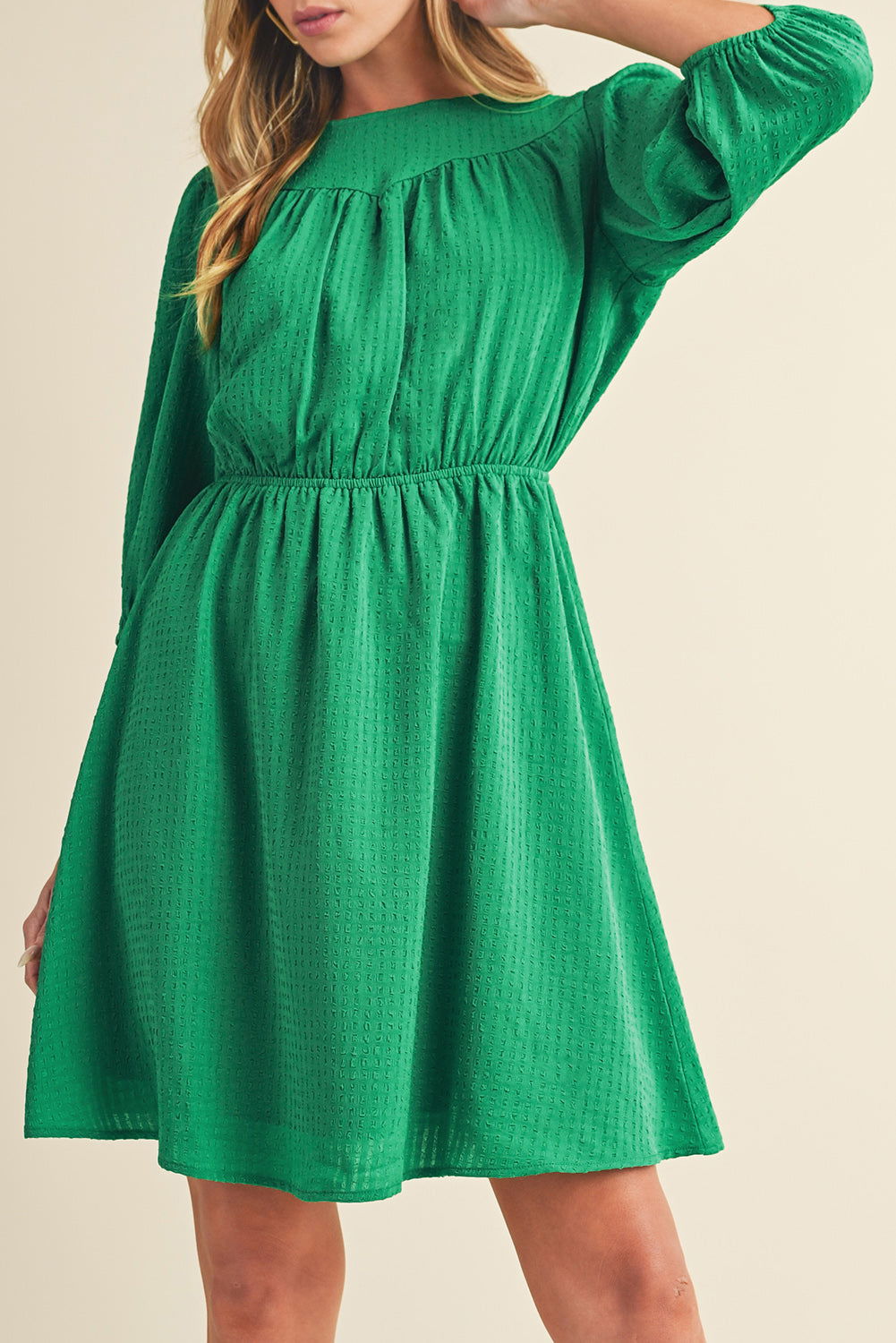 Dark Green Solid Color Round Neck Puff Sleeve Mini Dress - Vesteeto