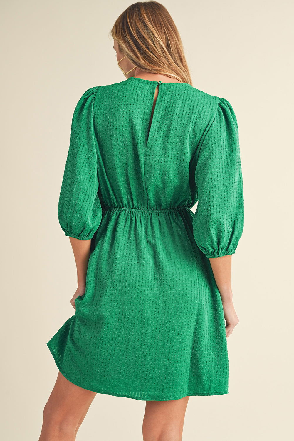 Dark Green Solid Color Round Neck Puff Sleeve Mini Dress - Vesteeto