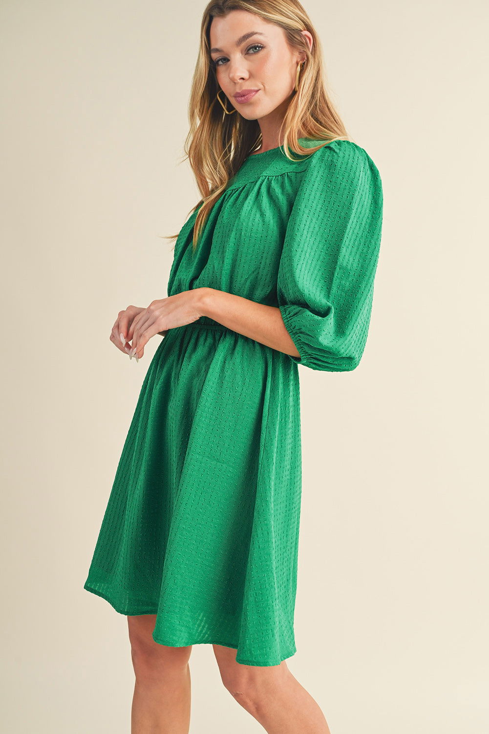 Dark Green Solid Color Round Neck Puff Sleeve Mini Dress - Vesteeto