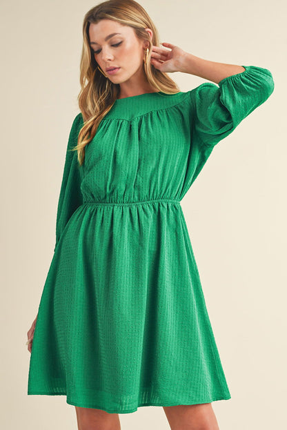 Dark Green Solid Color Round Neck Puff Sleeve Mini Dress - Vesteeto