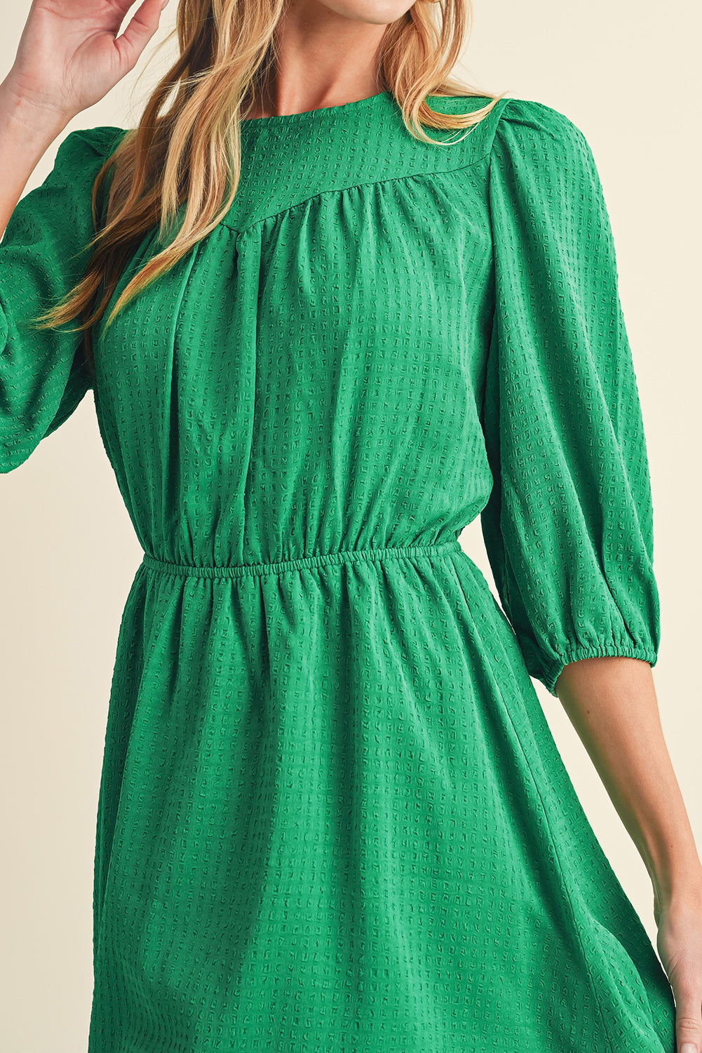 Dark Green Solid Color Round Neck Puff Sleeve Mini Dress - Vesteeto