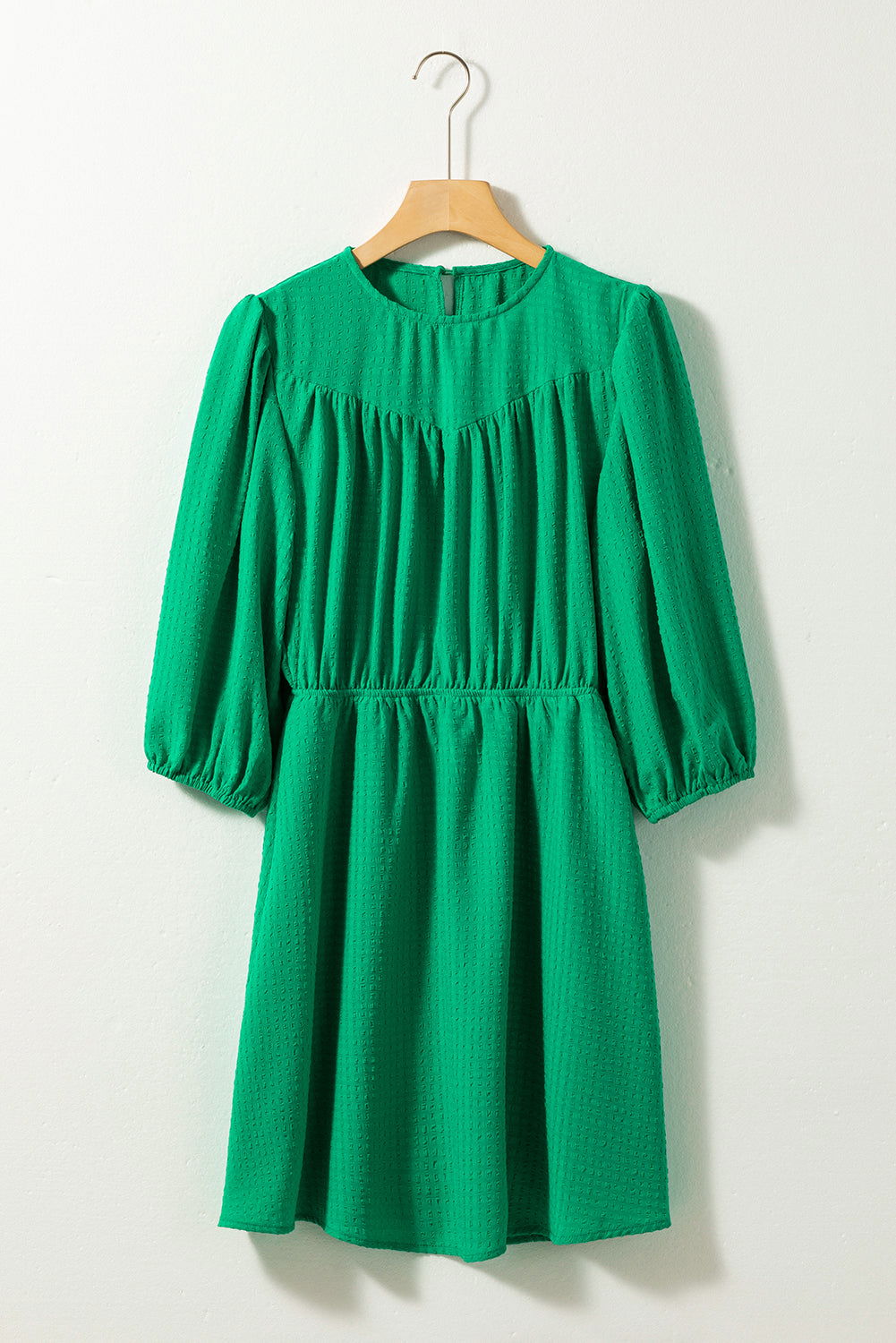 Dark Green Solid Color Round Neck Puff Sleeve Mini Dress - Vesteeto