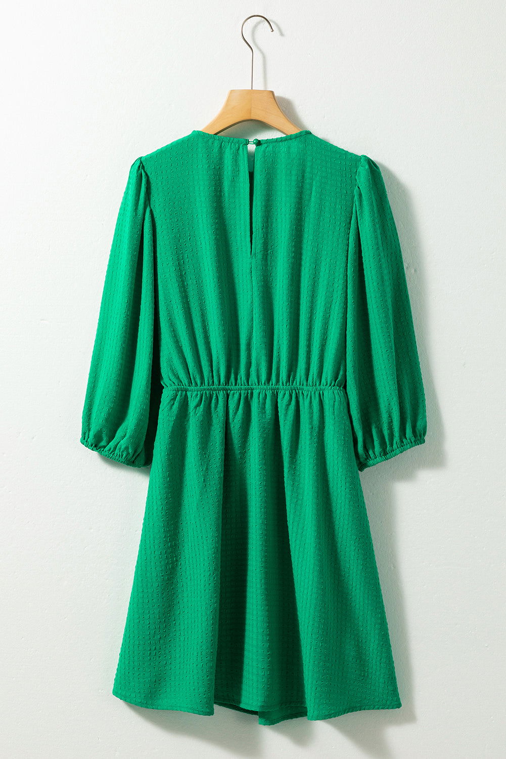 Dark Green Solid Color Round Neck Puff Sleeve Mini Dress - Vesteeto