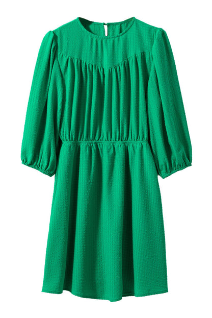 Dark Green Solid Color Round Neck Puff Sleeve Mini Dress - Vesteeto