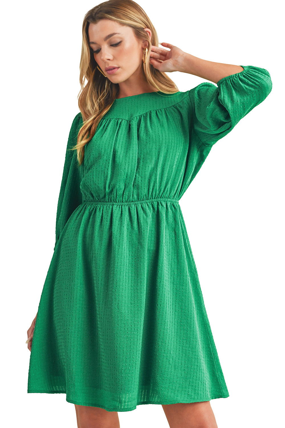 Dark Green Solid Color Round Neck Puff Sleeve Mini Dress - Vesteeto