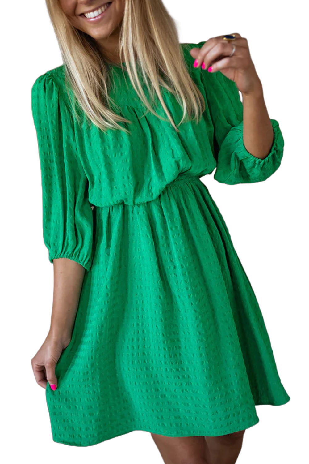 Dark Green Solid Color Round Neck Puff Sleeve Mini Dress - Vesteeto