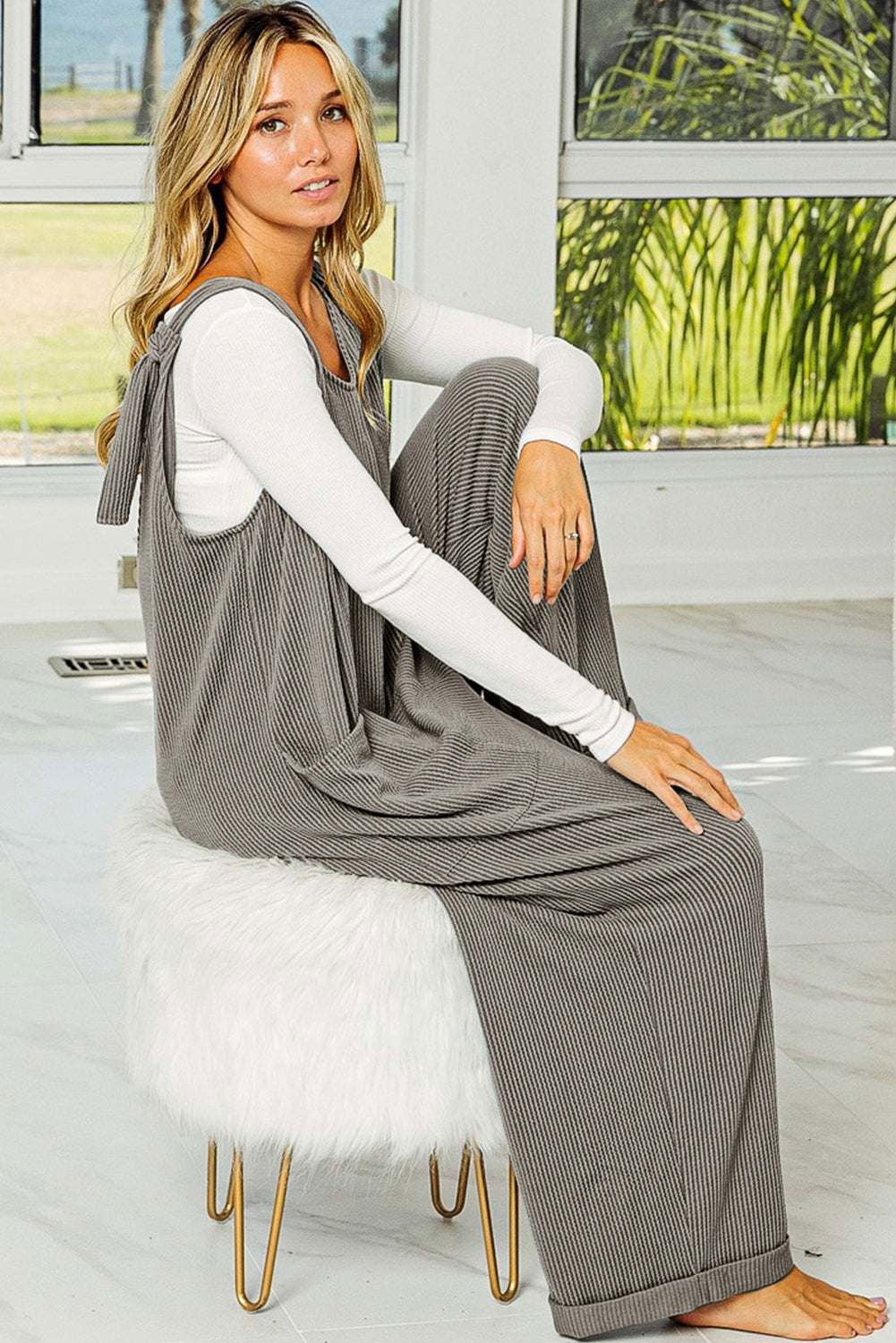 Dark Grey Pockets Oversized Ribbed Wide Leg Jumpsuit - Vesteeto