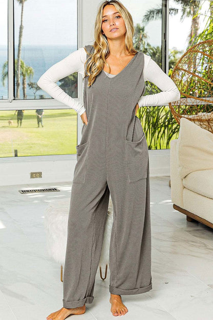 Dark Grey Pockets Oversized Ribbed Wide Leg Jumpsuit - Vesteeto