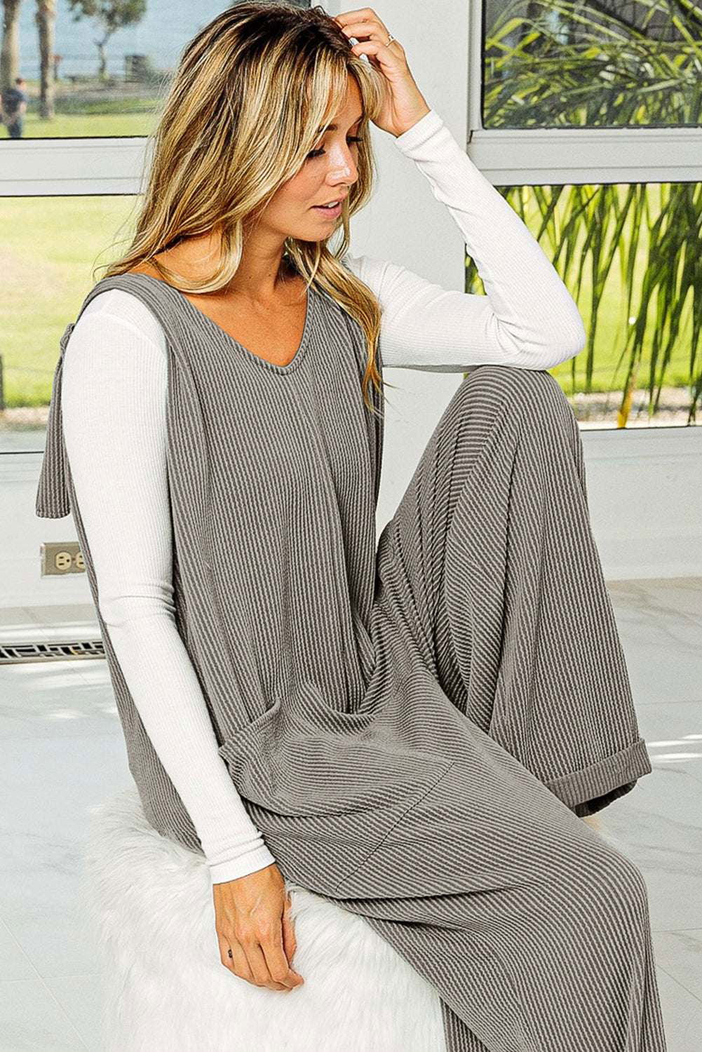 Dark Grey Pockets Oversized Ribbed Wide Leg Jumpsuit - Vesteeto