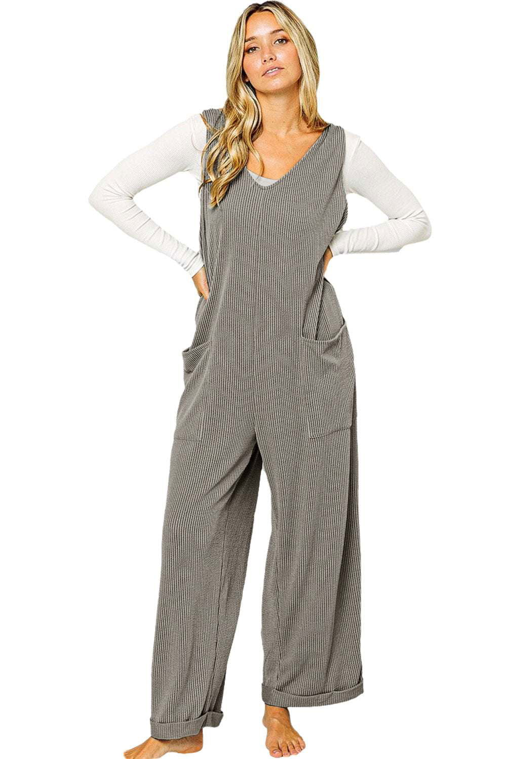 Dark Grey Pockets Oversized Ribbed Wide Leg Jumpsuit - Vesteeto