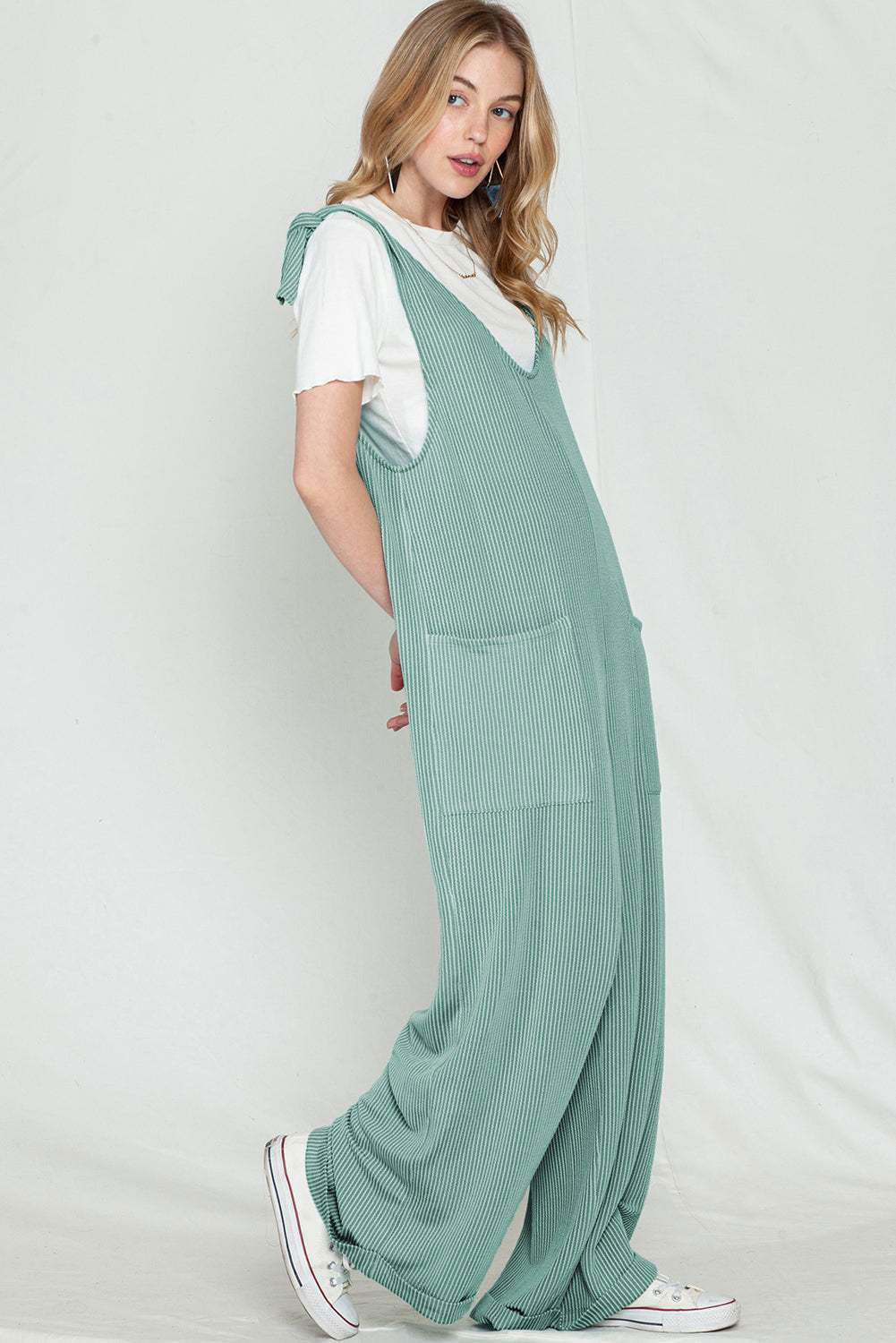 Dark Grey Pockets Oversized Ribbed Wide Leg Jumpsuit - Vesteeto