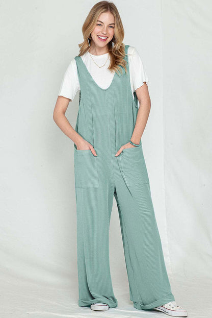 Dark Grey Pockets Oversized Ribbed Wide Leg Jumpsuit - Vesteeto