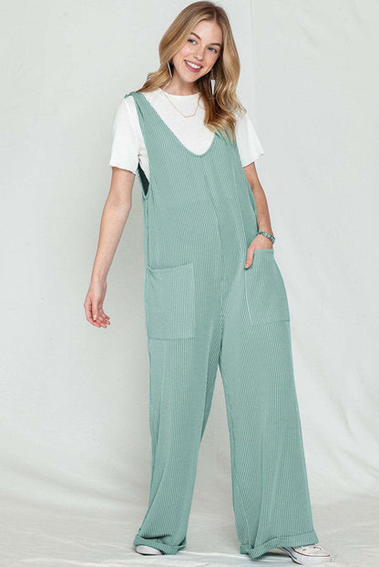 Dark Grey Pockets Oversized Ribbed Wide Leg Jumpsuit - Vesteeto