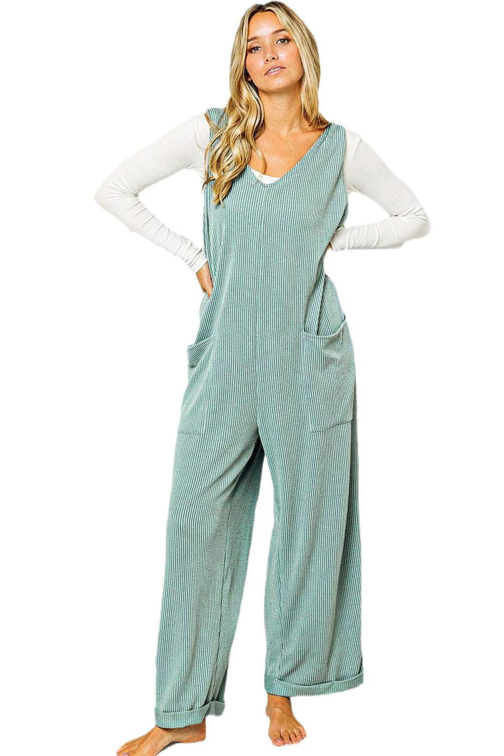 Dark Grey Pockets Oversized Ribbed Wide Leg Jumpsuit - Vesteeto