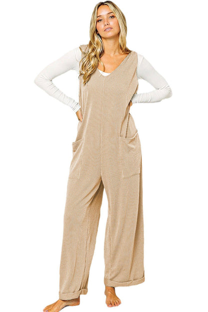 Dark Grey Pockets Oversized Ribbed Wide Leg Jumpsuit - Vesteeto