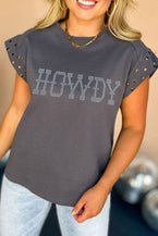 Dark Grey Rhinestone HOWDY Graphic Studded Sleeve T Shirt - Vesteeto