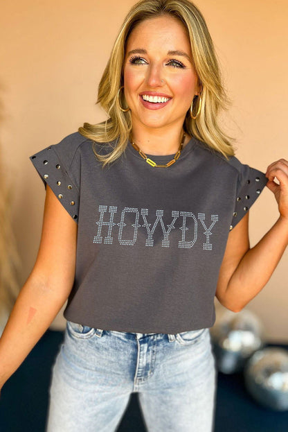 Dark Grey Rhinestone HOWDY Graphic Studded Sleeve T Shirt - Vesteeto