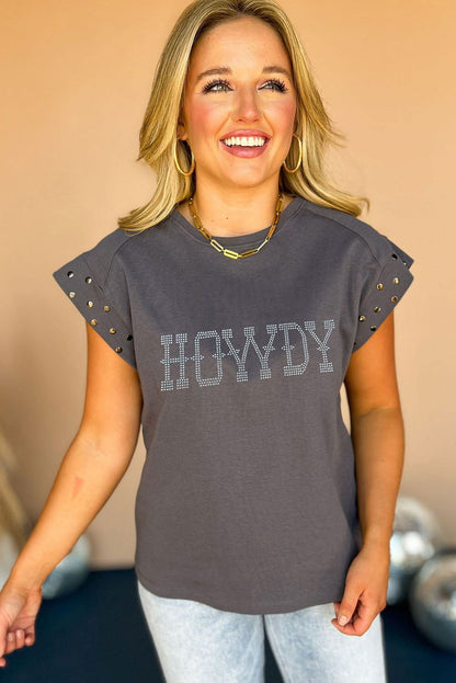 Dark Grey Rhinestone HOWDY Graphic Studded Sleeve T Shirt - Vesteeto