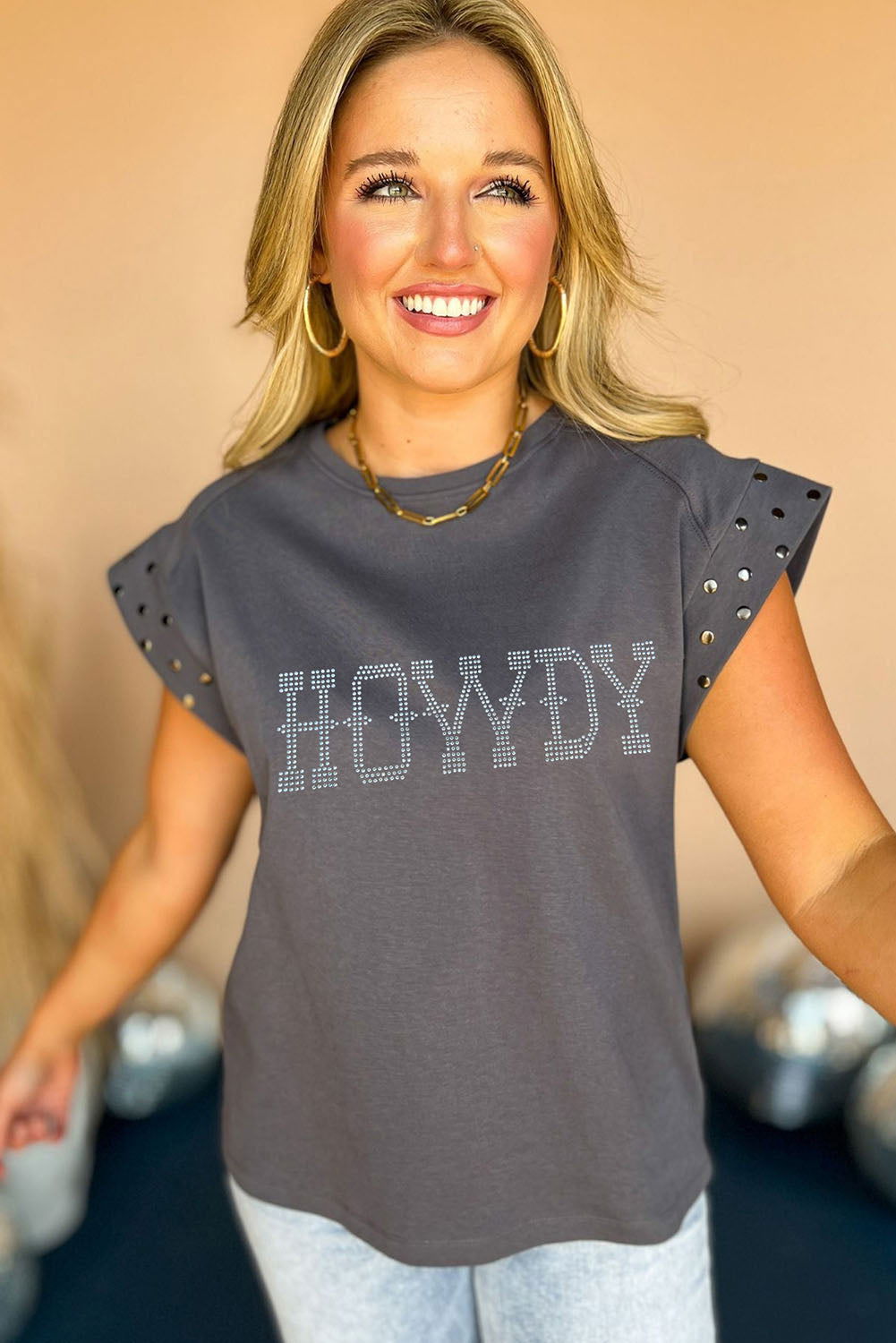 Dark Grey Rhinestone HOWDY Graphic Studded Sleeve T Shirt - Vesteeto