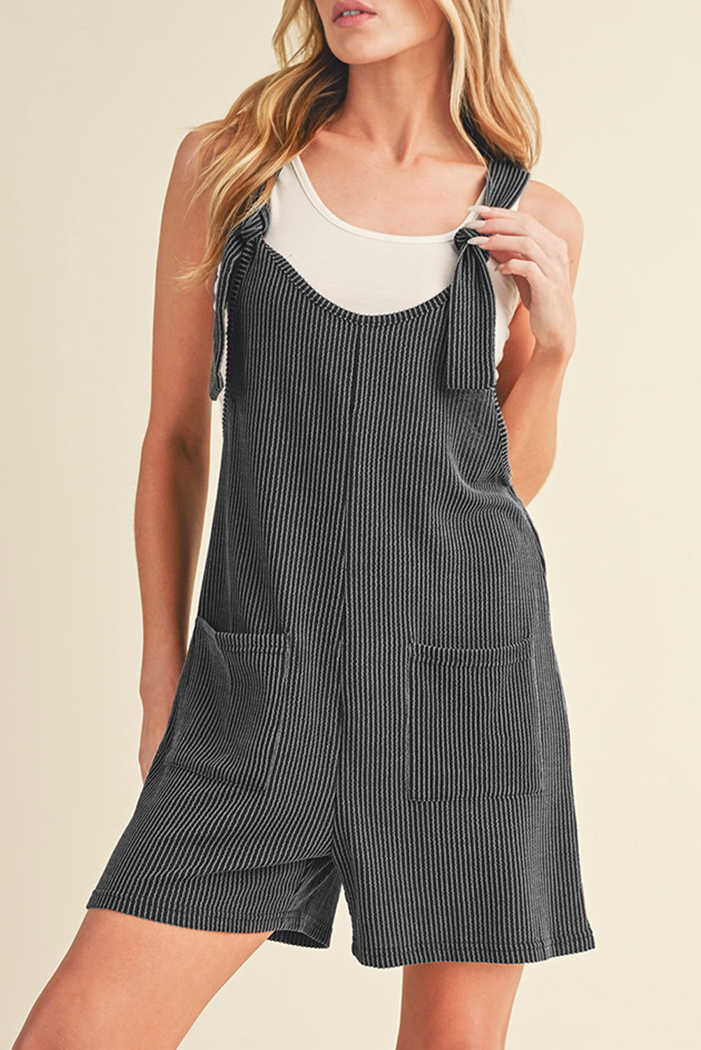 Dark Grey Ribbed Striped Knotted Straps Pocketed Romper - Vesteeto