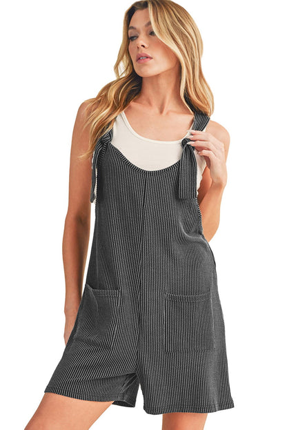 Dark Grey Ribbed Striped Knotted Straps Pocketed Romper - Vesteeto