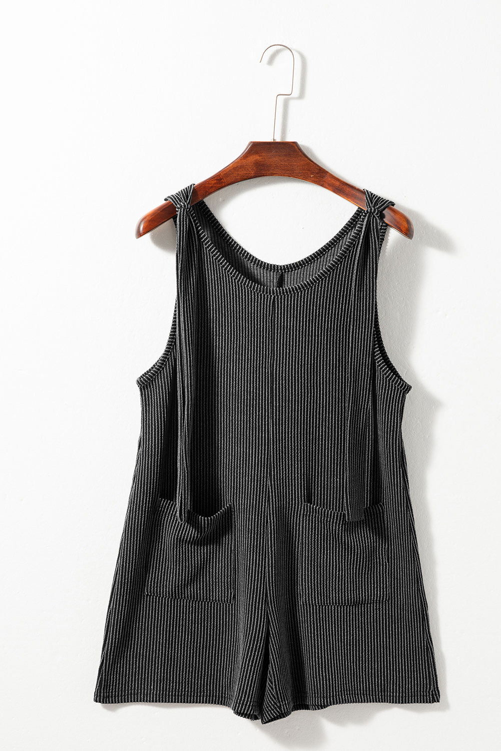 Dark Grey Ribbed Striped Knotted Straps Pocketed Romper - Vesteeto