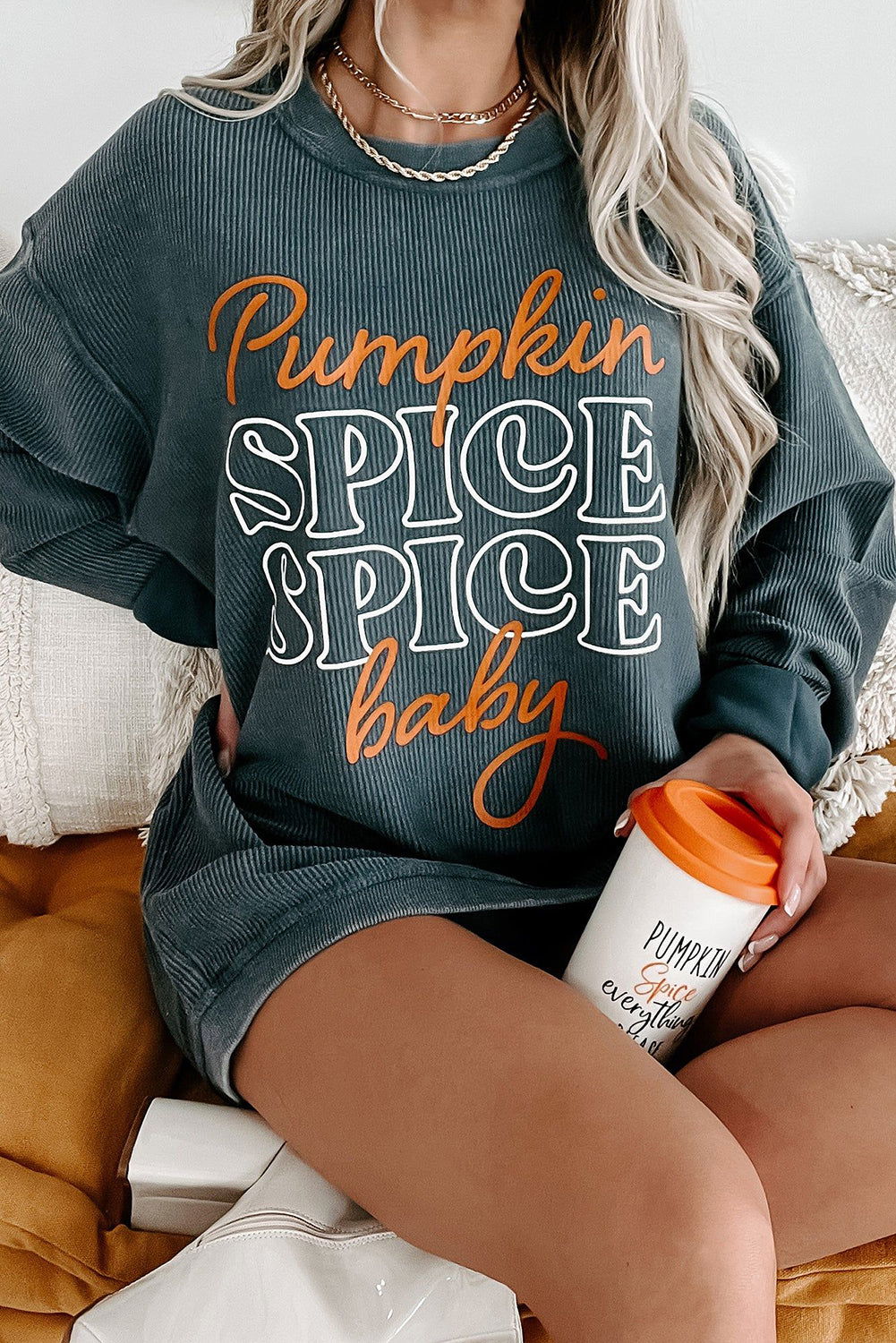 Dark Grey Thanksgiving Pumpkin Spice Baby Graphic Textured Sweatshirt - Vesteeto