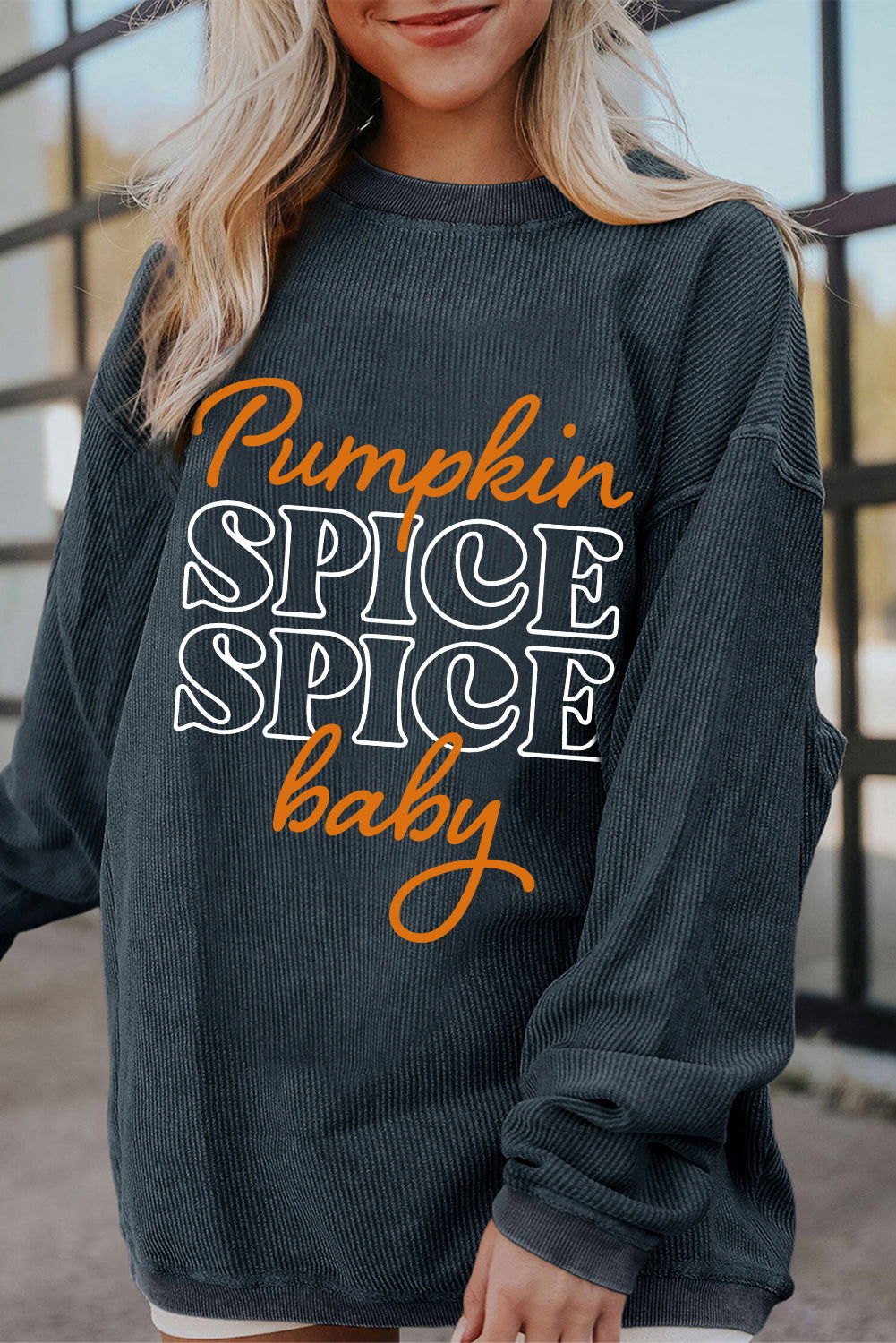 Dark Grey Thanksgiving Pumpkin Spice Baby Graphic Textured Sweatshirt - Vesteeto