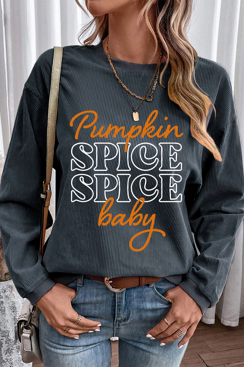 Dark Grey Thanksgiving Pumpkin Spice Baby Graphic Textured Sweatshirt - Vesteeto