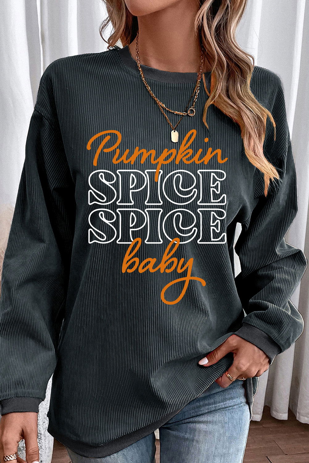 Dark Grey Thanksgiving Pumpkin Spice Baby Graphic Textured Sweatshirt - Vesteeto