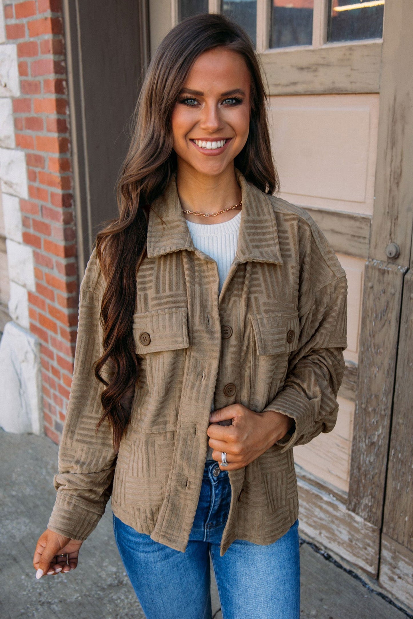 Dark Khaki Textured Chest Pocket Button Up Shacket - Vesteeto