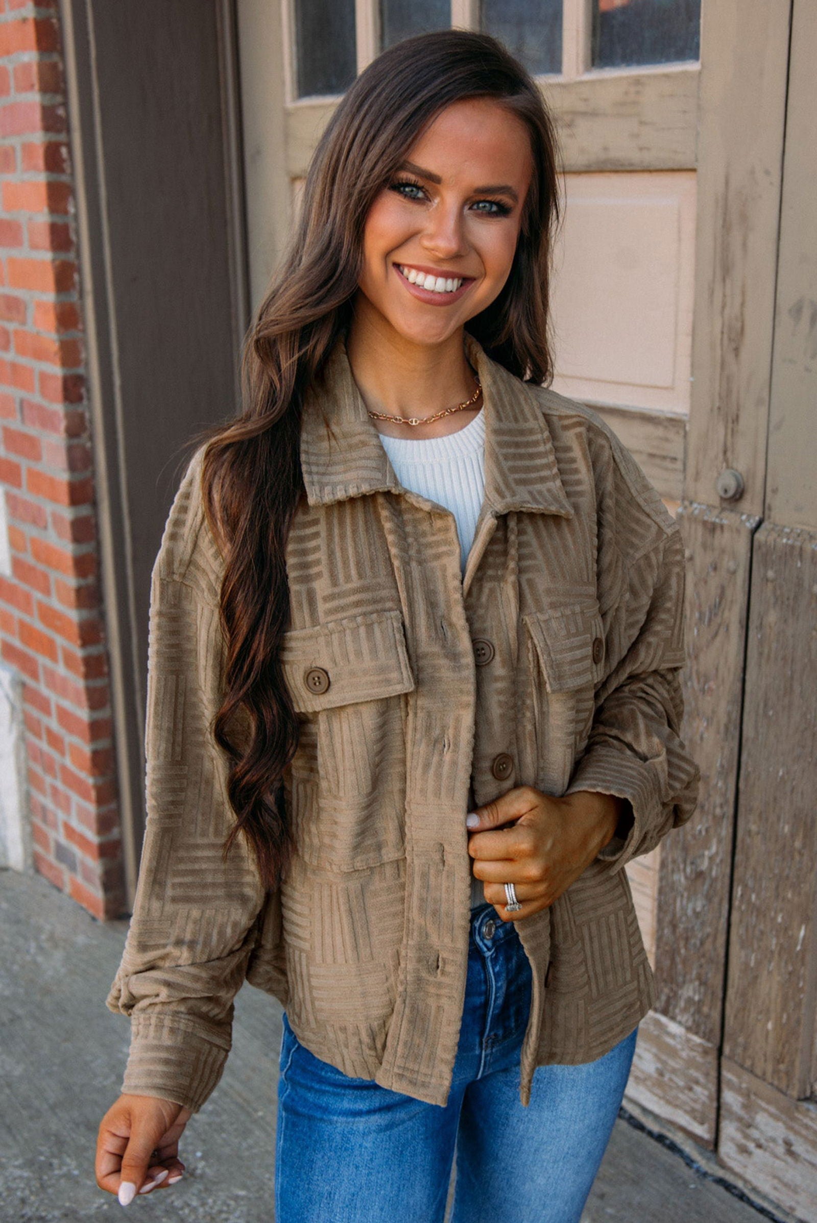 Dark Khaki Textured Chest Pocket Button Up Shacket - Vesteeto