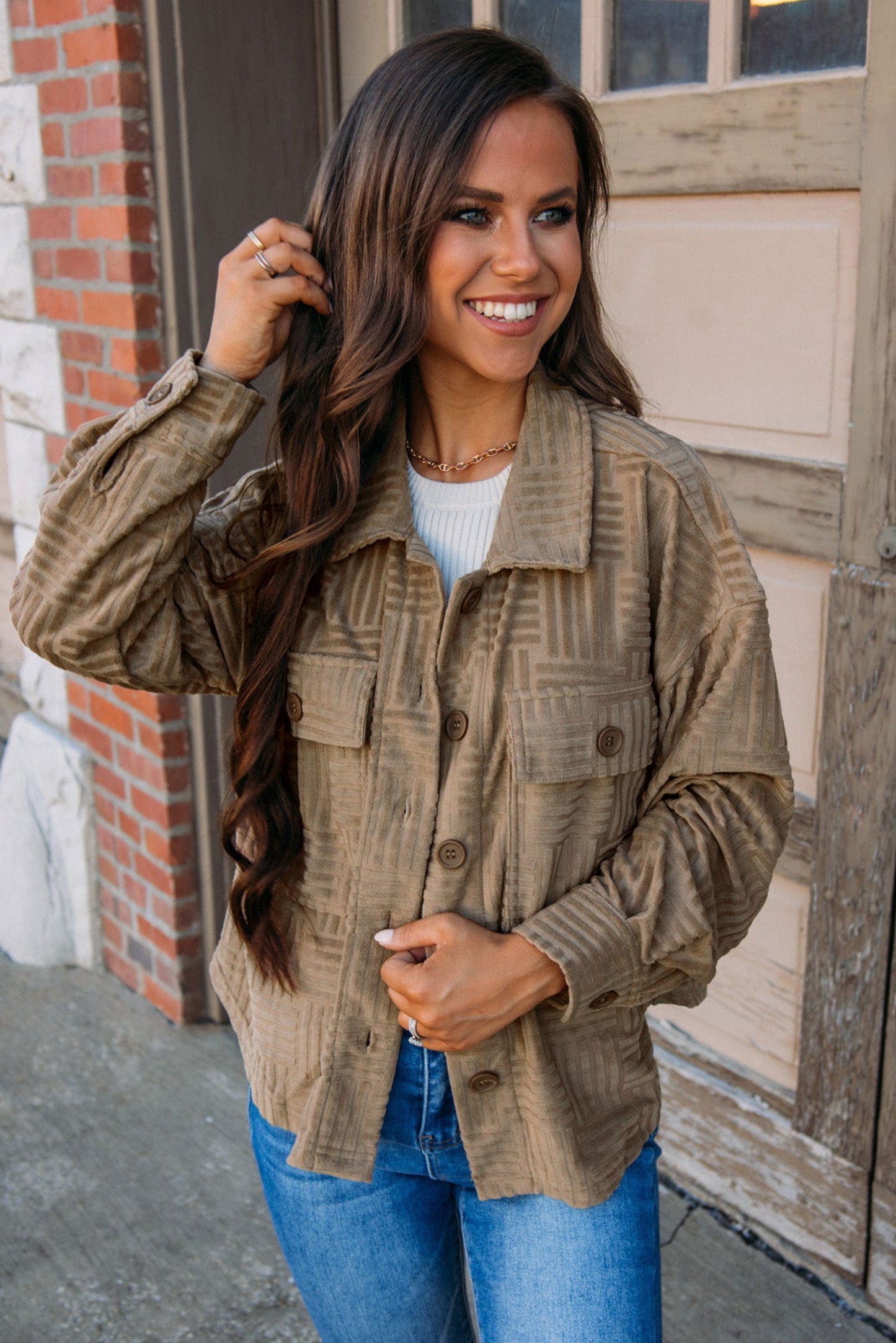 Dark Khaki Textured Chest Pocket Button Up Shacket - Vesteeto