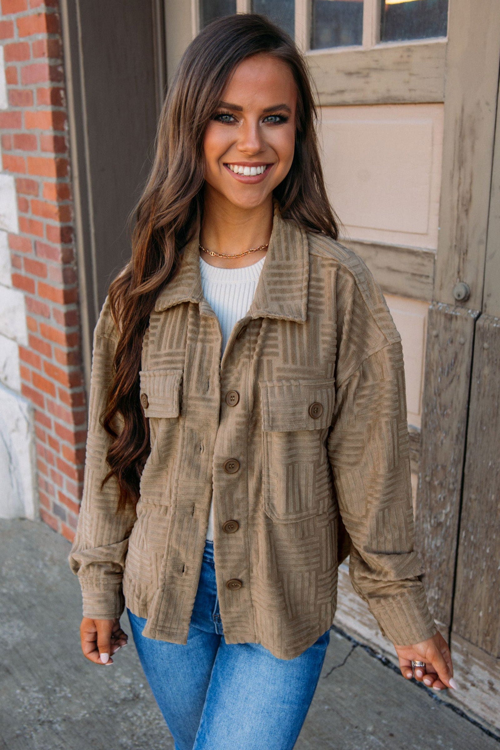 Dark Khaki Textured Chest Pocket Button Up Shacket - Vesteeto