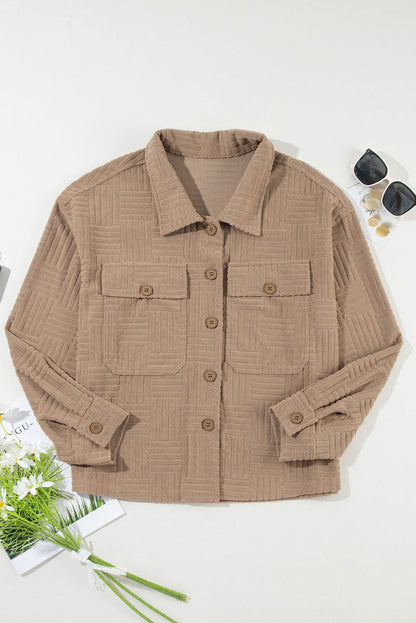 Dark Khaki Textured Chest Pocket Button Up Shacket - Vesteeto