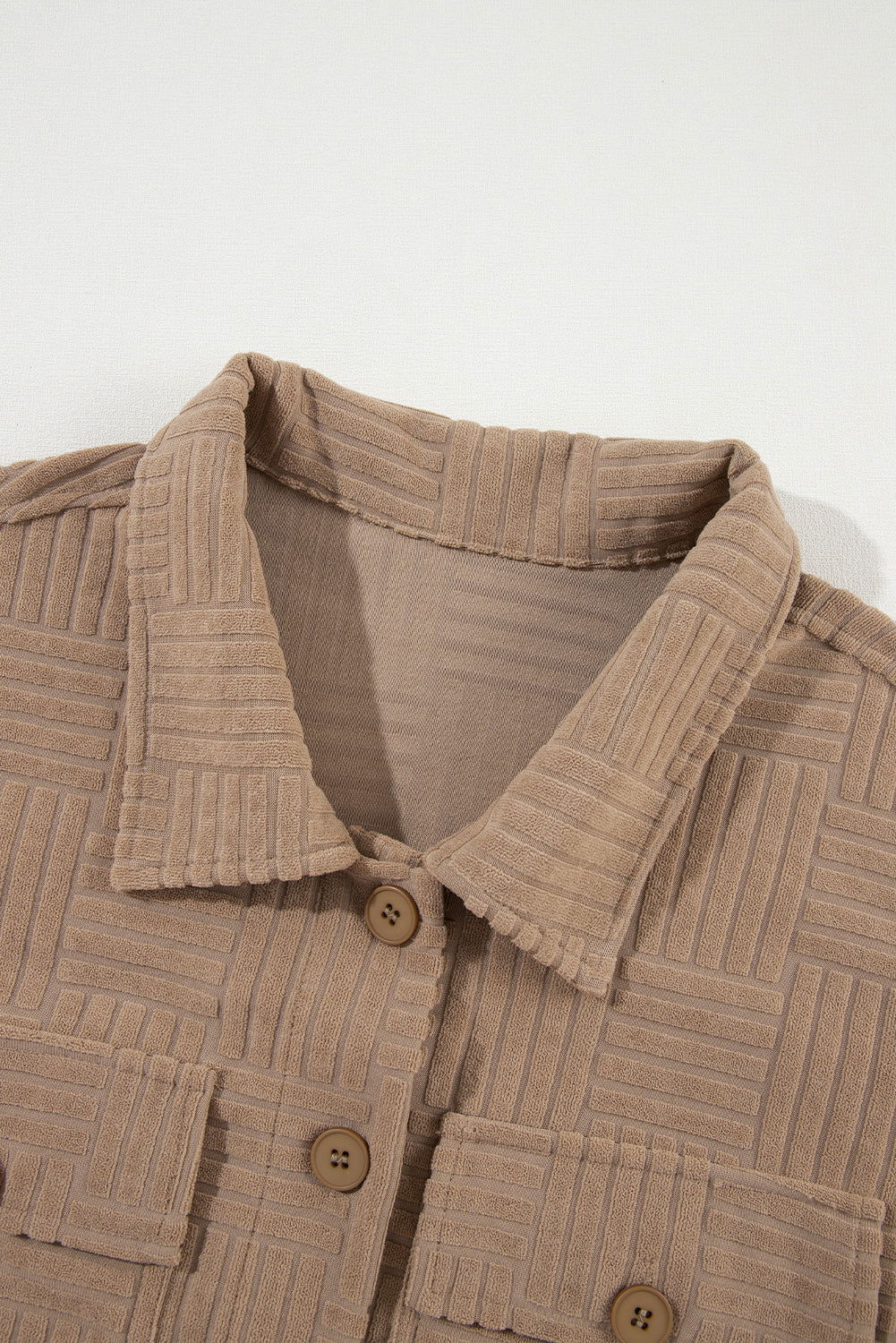 Dark Khaki Textured Chest Pocket Button Up Shacket - Vesteeto