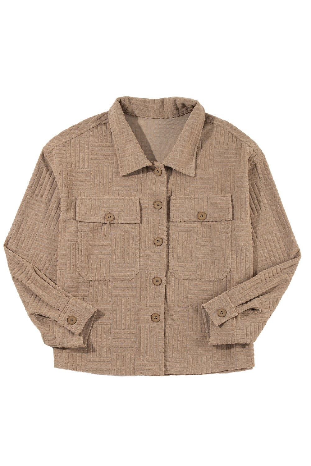 Dark Khaki Textured Chest Pocket Button Up Shacket - Vesteeto