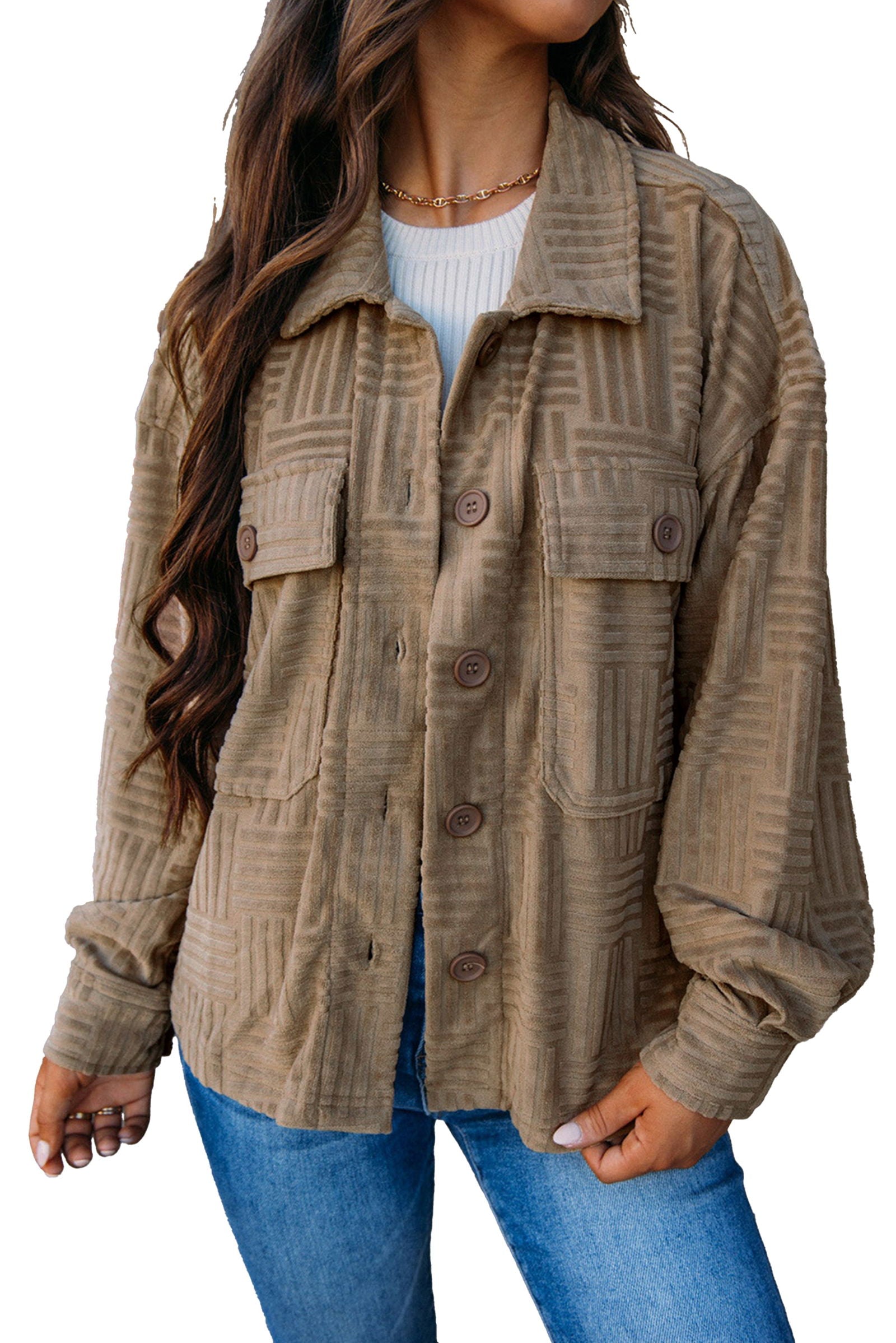 Dark Khaki Textured Chest Pocket Button Up Shacket - Vesteeto