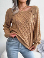 Decorative Button Cable-Knit Sweater - Vesteeto