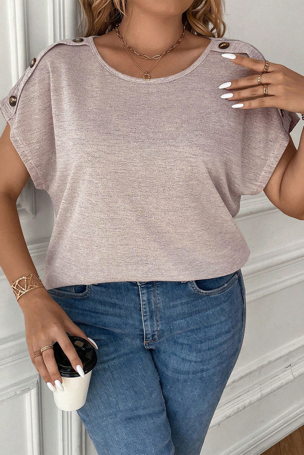 Delicacy Plus Size Button Detail Batwing Sleeve Tee - Vesteeto