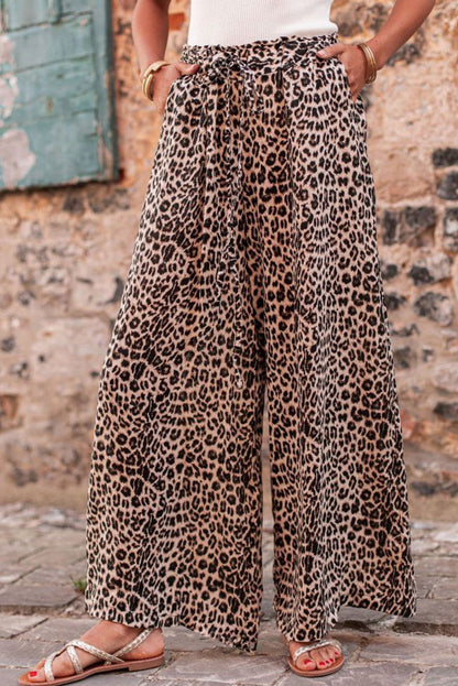 Desert Palm Boho Leopard Print Wide Leg Pants - Vesteeto