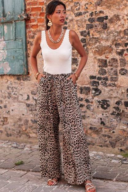 Desert Palm Boho Leopard Print Wide Leg Pants - Vesteeto