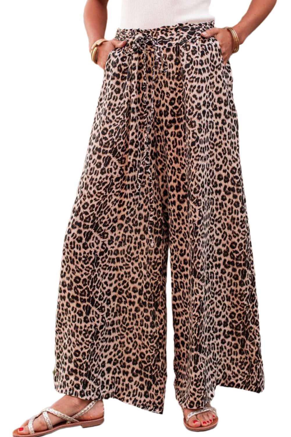 Desert Palm Boho Leopard Print Wide Leg Pants - Vesteeto