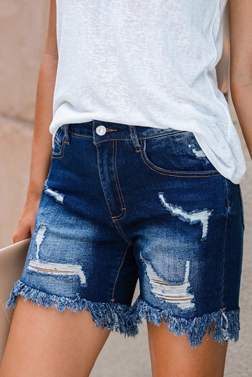 Distressed Frayed Hem Denim Shorts - Vesteeto