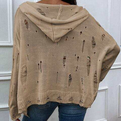 Distressed Slit Drop Shoulder Hooded Sweater - Vesteeto